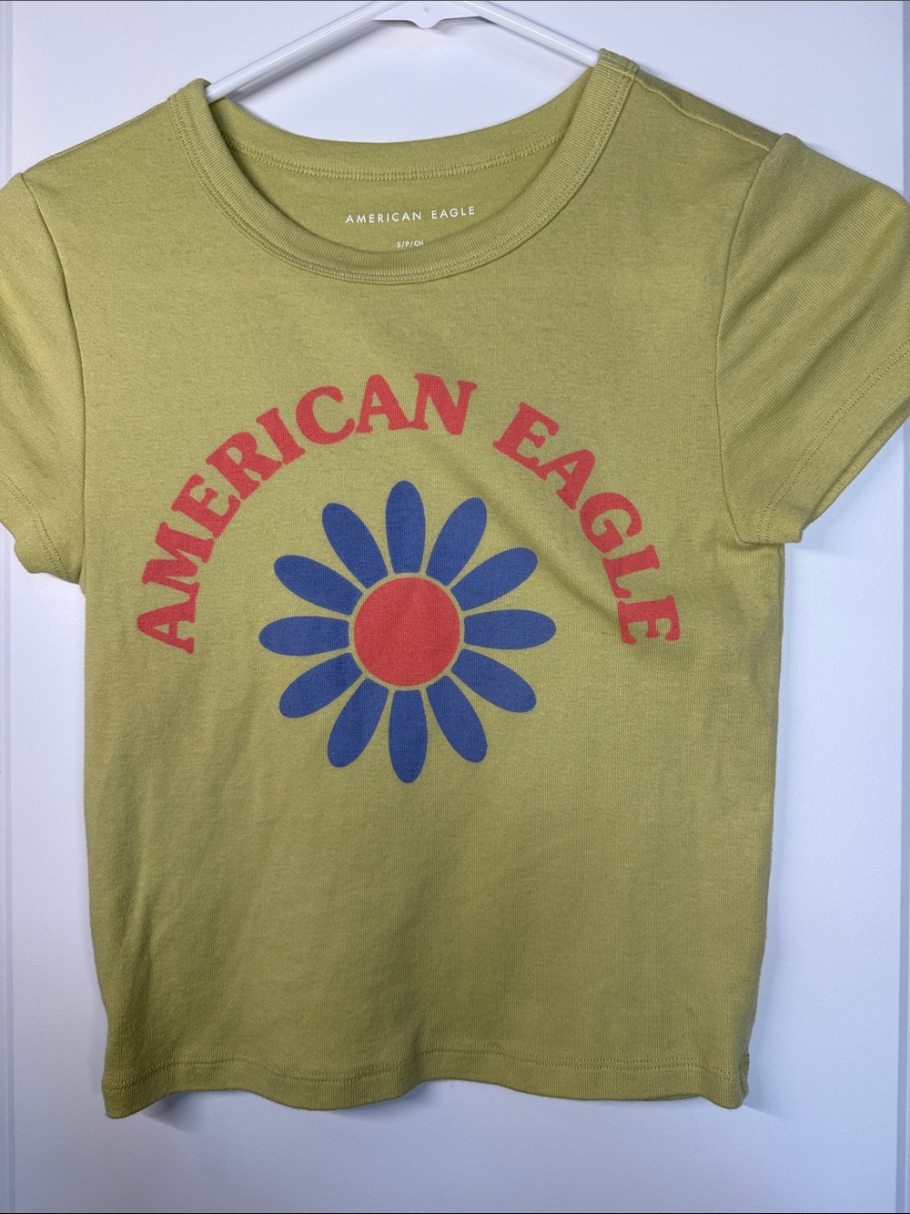 American Eagle Outfitters Olive Green Tee with Red Logo & Blue Daisy